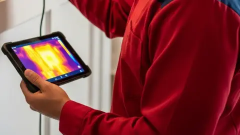 Thermal image of a wall shown on a tablet during leak detection